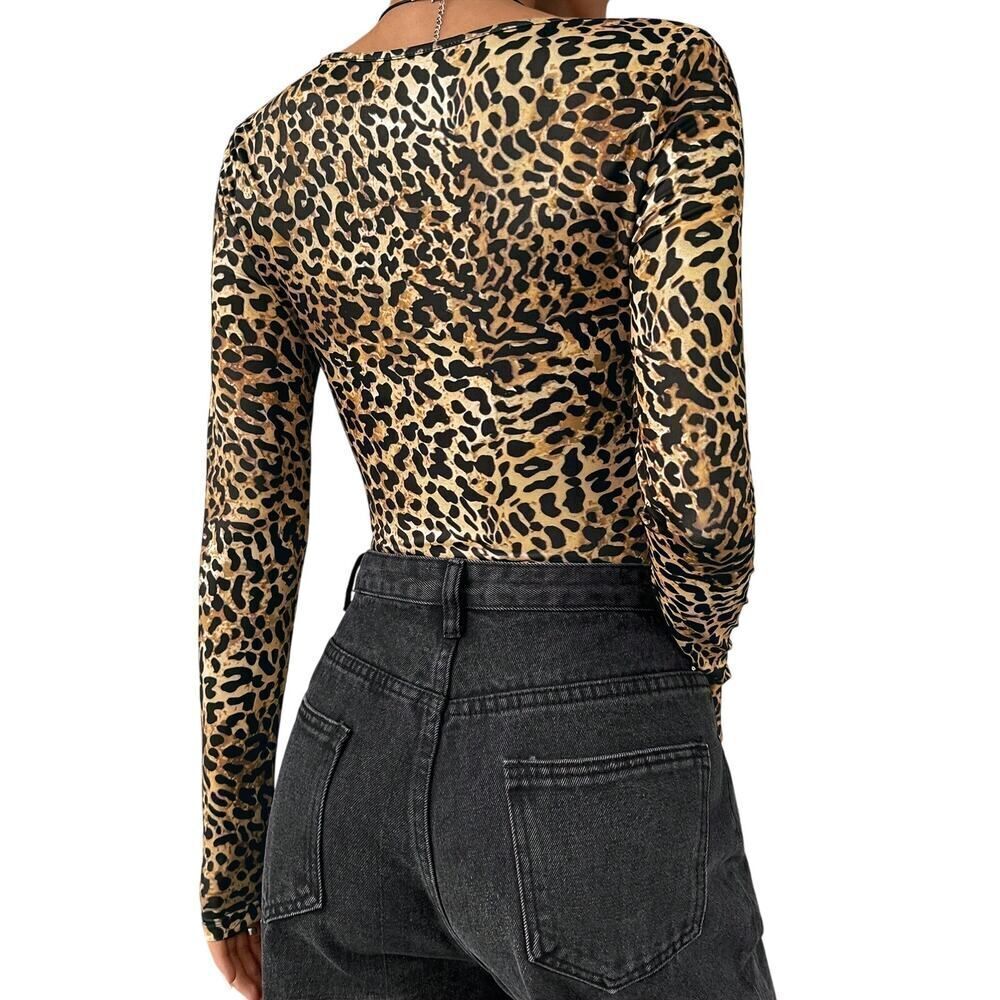 Leopard Print Long Sleeve Bodysuit Beige Brown | Sexy Animal Print Top Size S - Picture 3 of 10